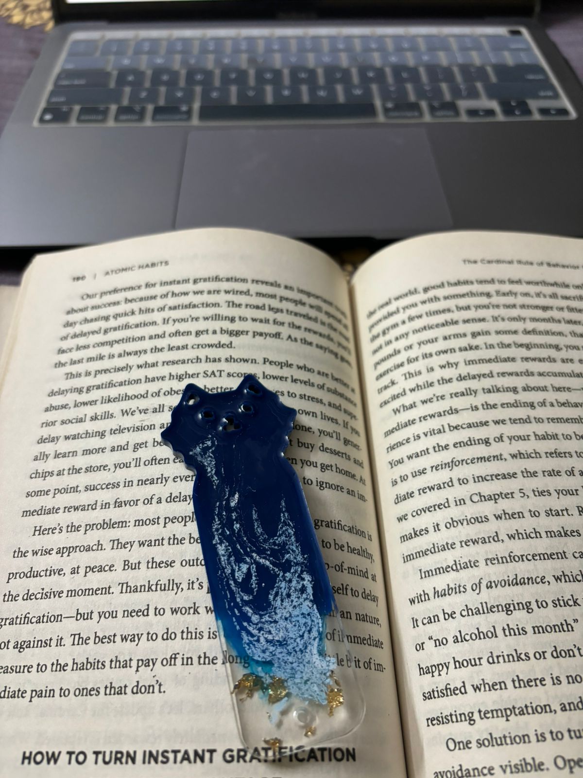 Handcrafted Resin Bookmark - Blue and Gold Design