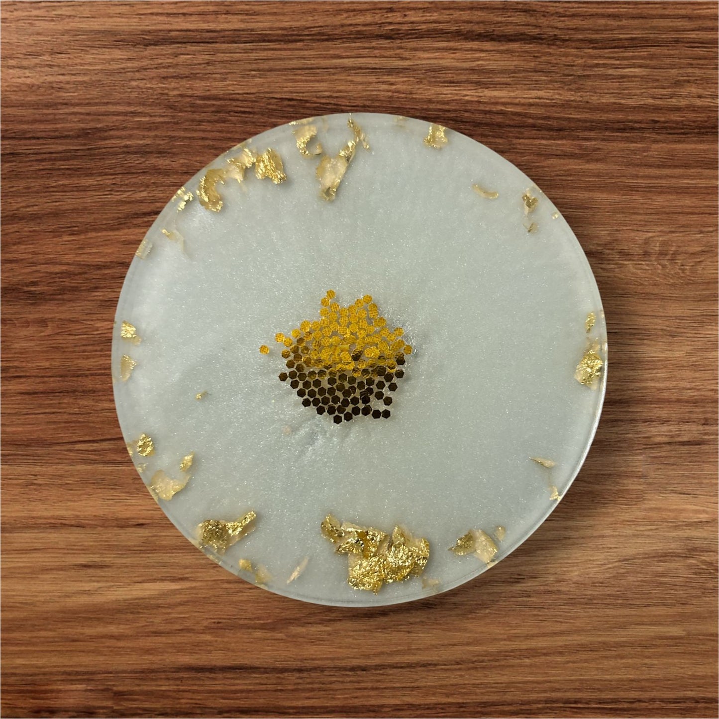 Premium Round White and Gold Transy Resin Coaster| 4 Inch