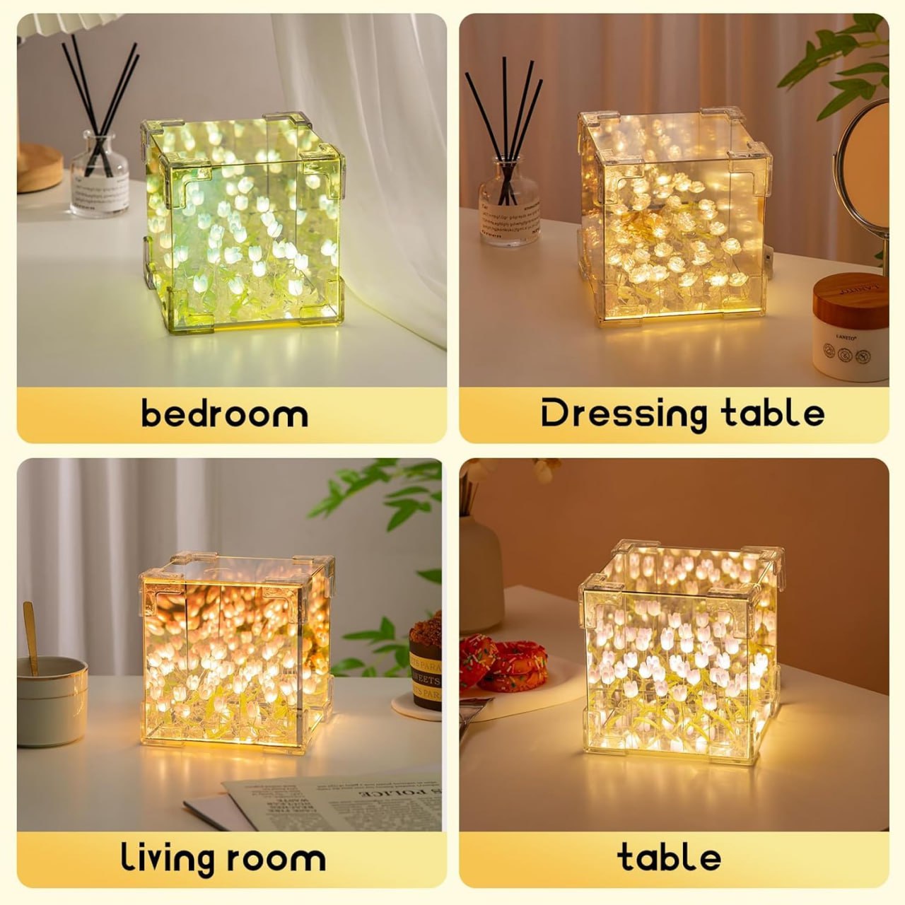 Cube Tulip Lamp Night Light | 2 in 1 Mirror Cube Light | LED Tulip Lamp