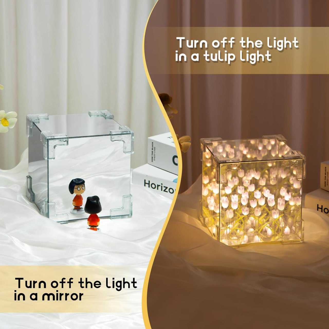 Cube Tulip Lamp Night Light | 2 in 1 Mirror Cube Light | LED Tulip Lamp