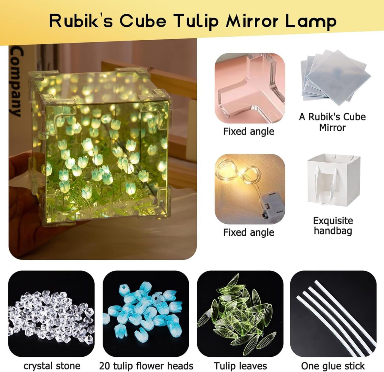 Cube Tulip Lamp Night Light | 2 in 1 Mirror Cube Light | LED Tulip Lamp